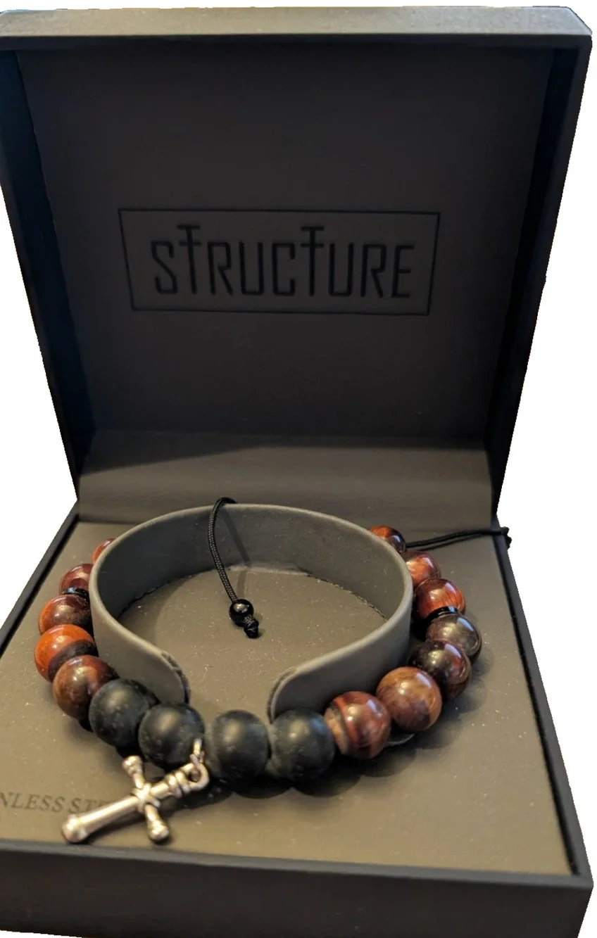 Structure Black & Brown‎ Tigers Eye Bead Bracelet w/ Stainless Steel Cross NEW